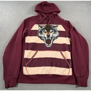 Triple Five Soul Hoodie Men XL Maroon Beige Striped Wolf Print Hooded Sweatshirt
